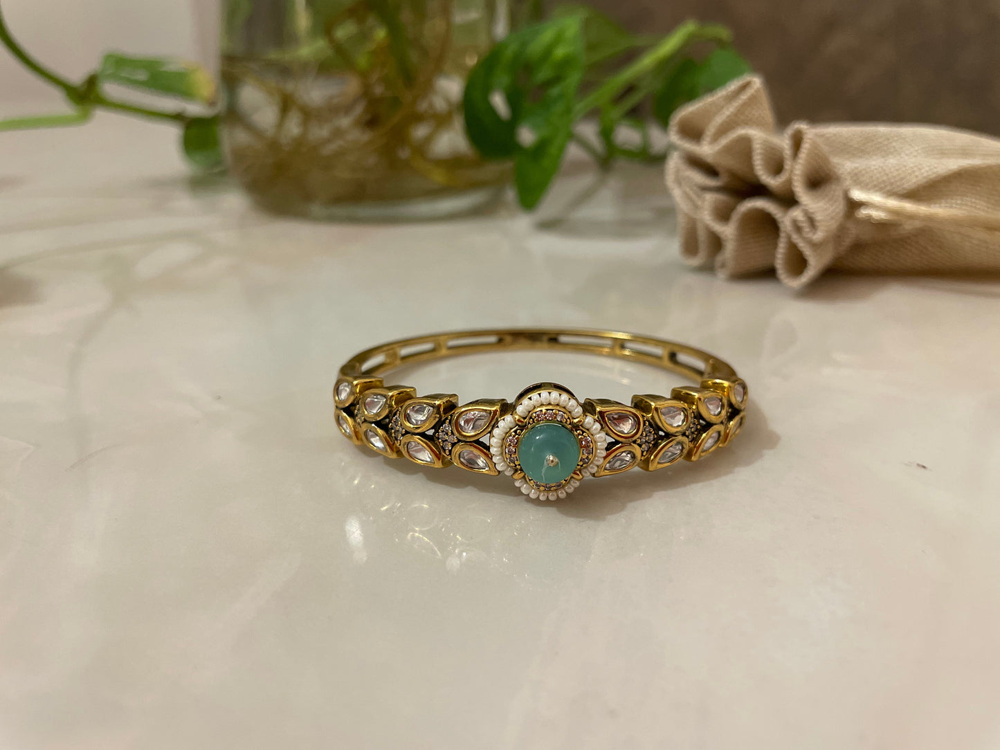 Aqua Green & Gold bracelet with Kundam & pearls