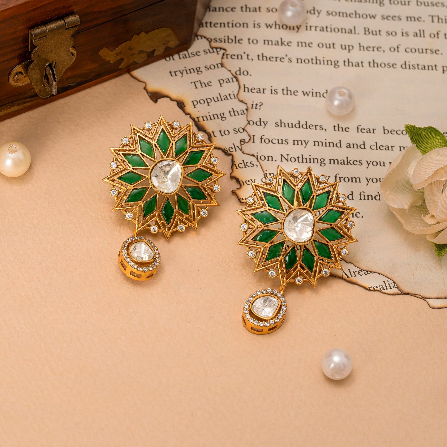 Emerald studs gold plated, set in silver & alloy