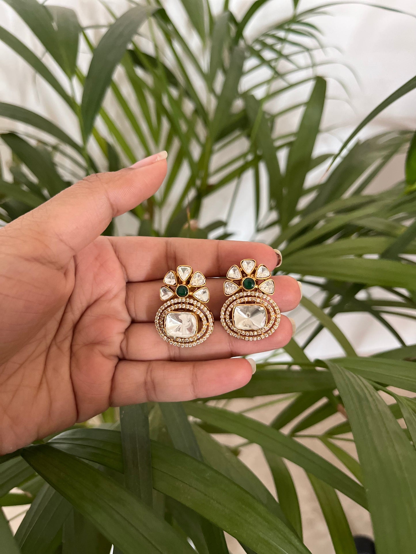 Emerald studs gold plated, set in silver & alloy