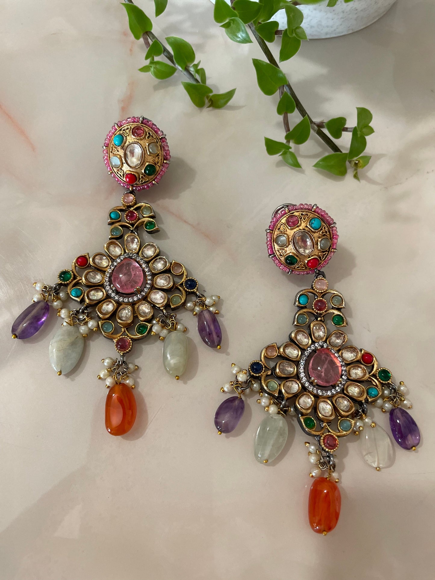 Multi-coloured Kundan earrings with semi precious stones