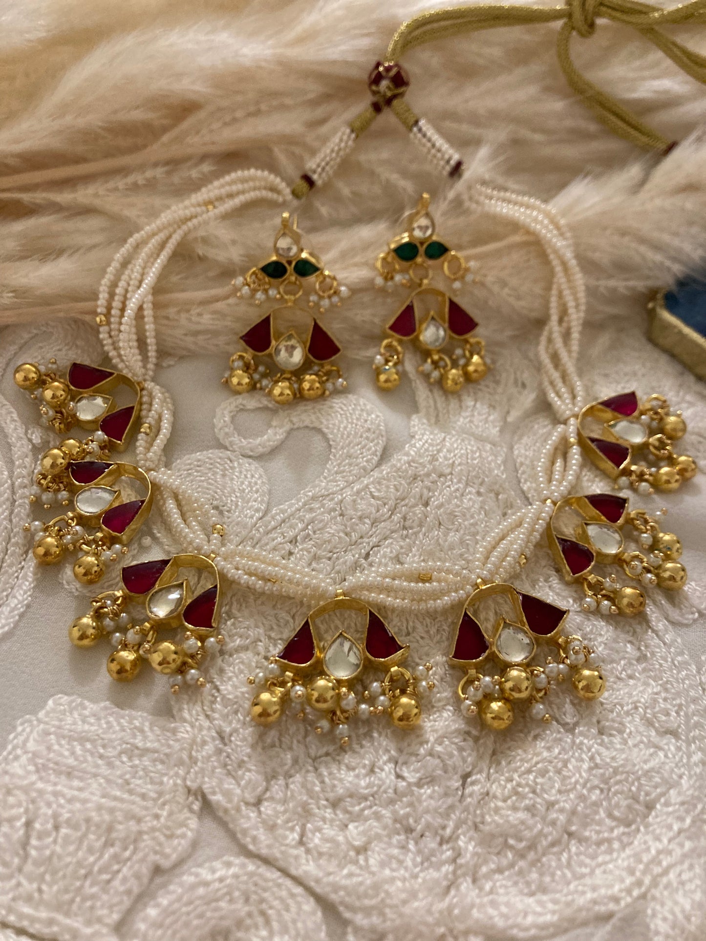 Gold plated necklace set with fresh water pearls string