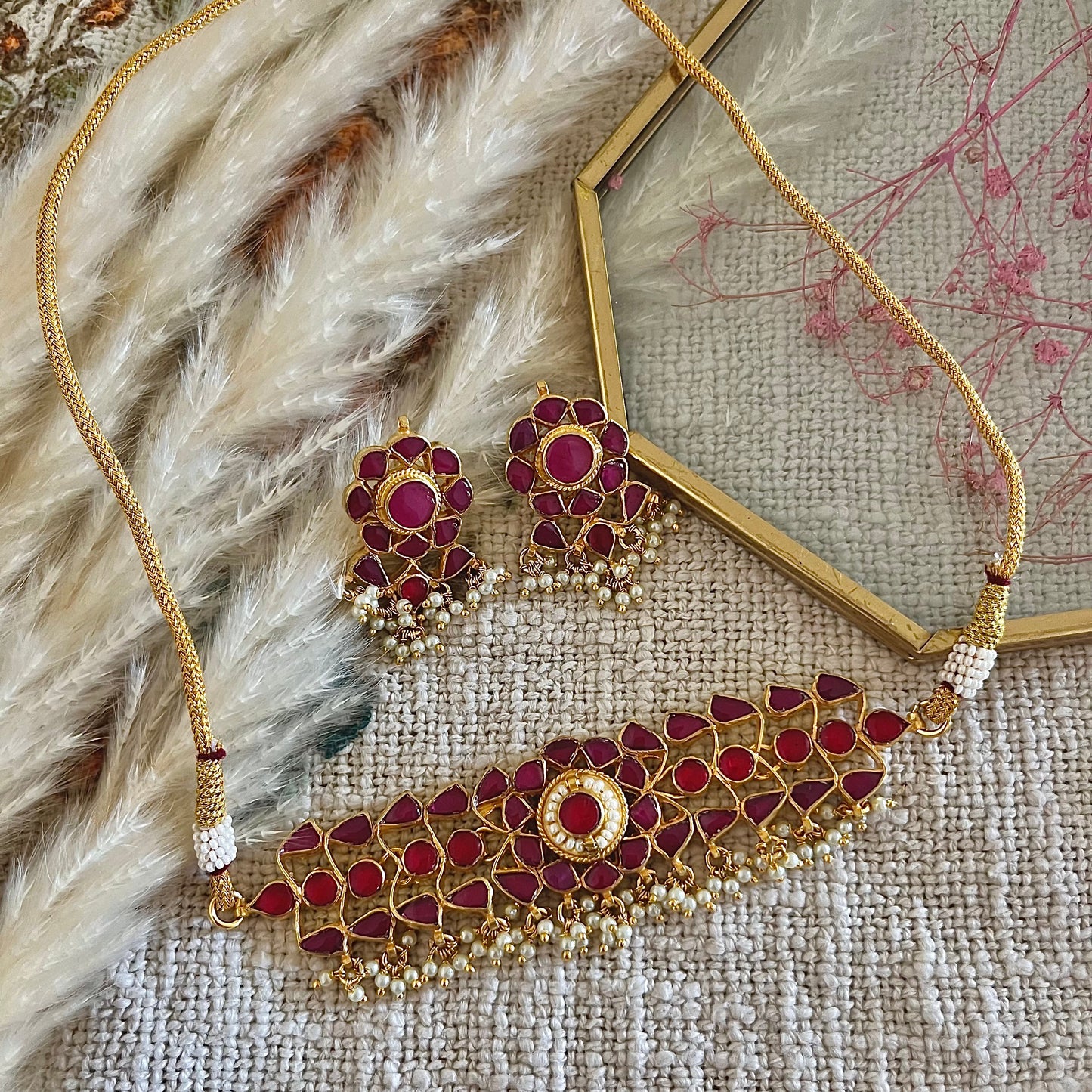 Gold plated pachi kundan necklace set