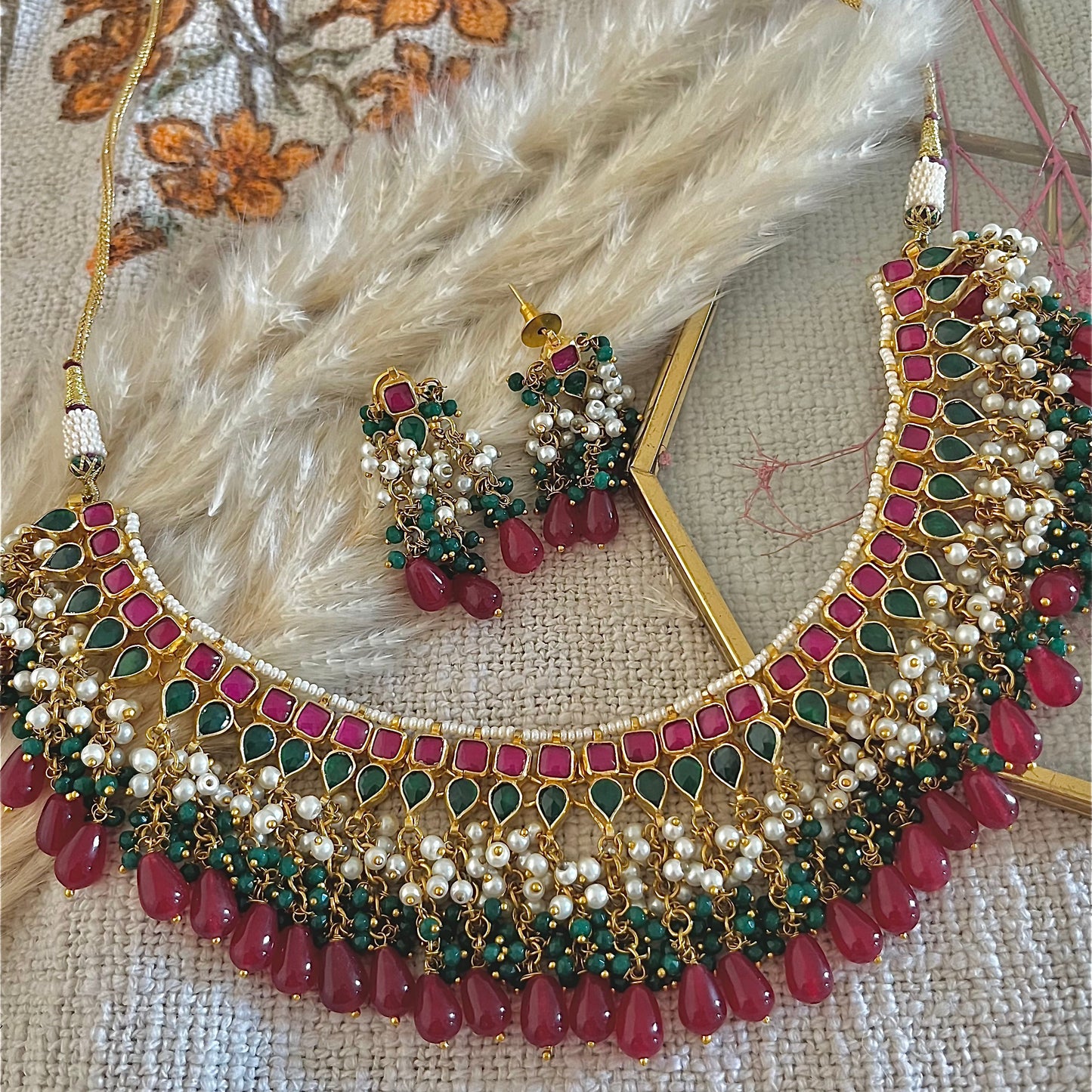 gold plated necklace set with semi precious stones