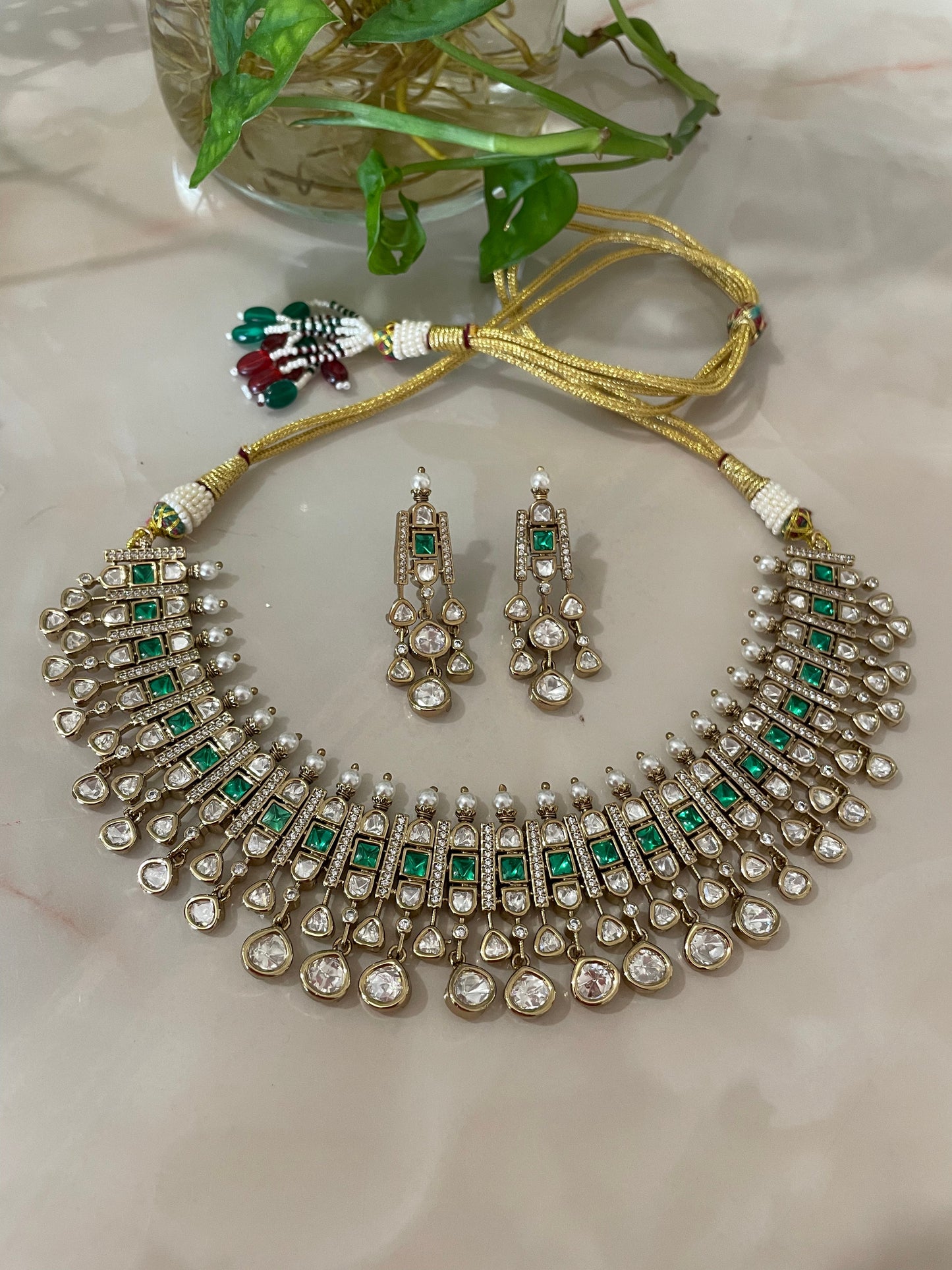 Emerald green necklace set with Kundan & Pearls