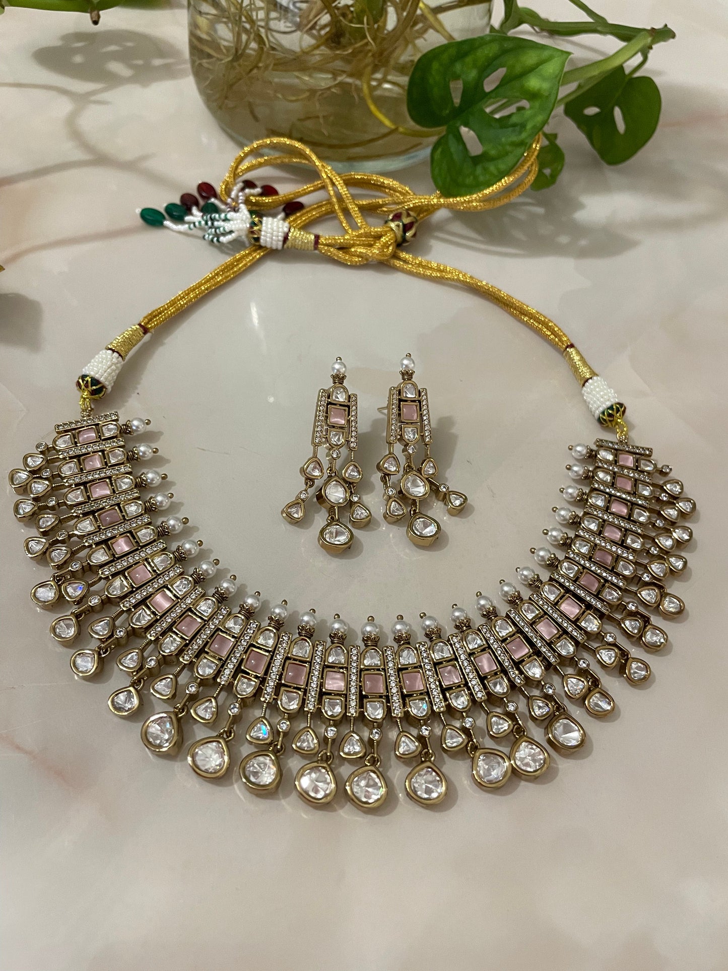 Quartz Necklace Set with Kundan & Pearls