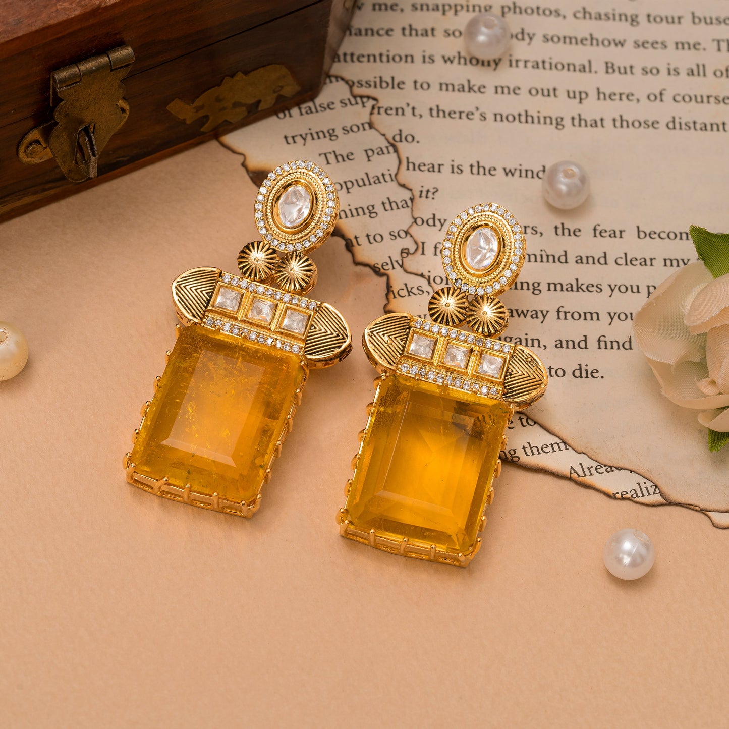 Citrine gold plated earrings set in silver & alloy