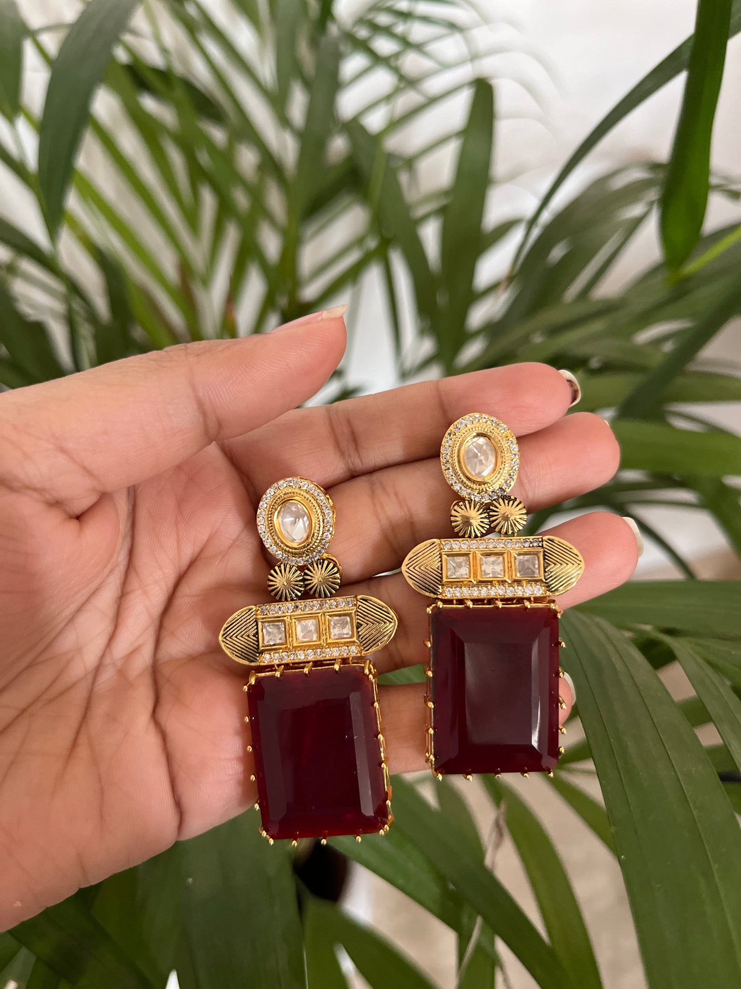 Ruby gold plated earrings set in silver & alloy