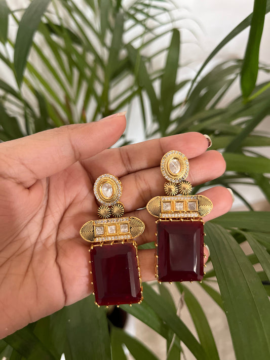 Ruby gold plated earrings set in silver & alloy