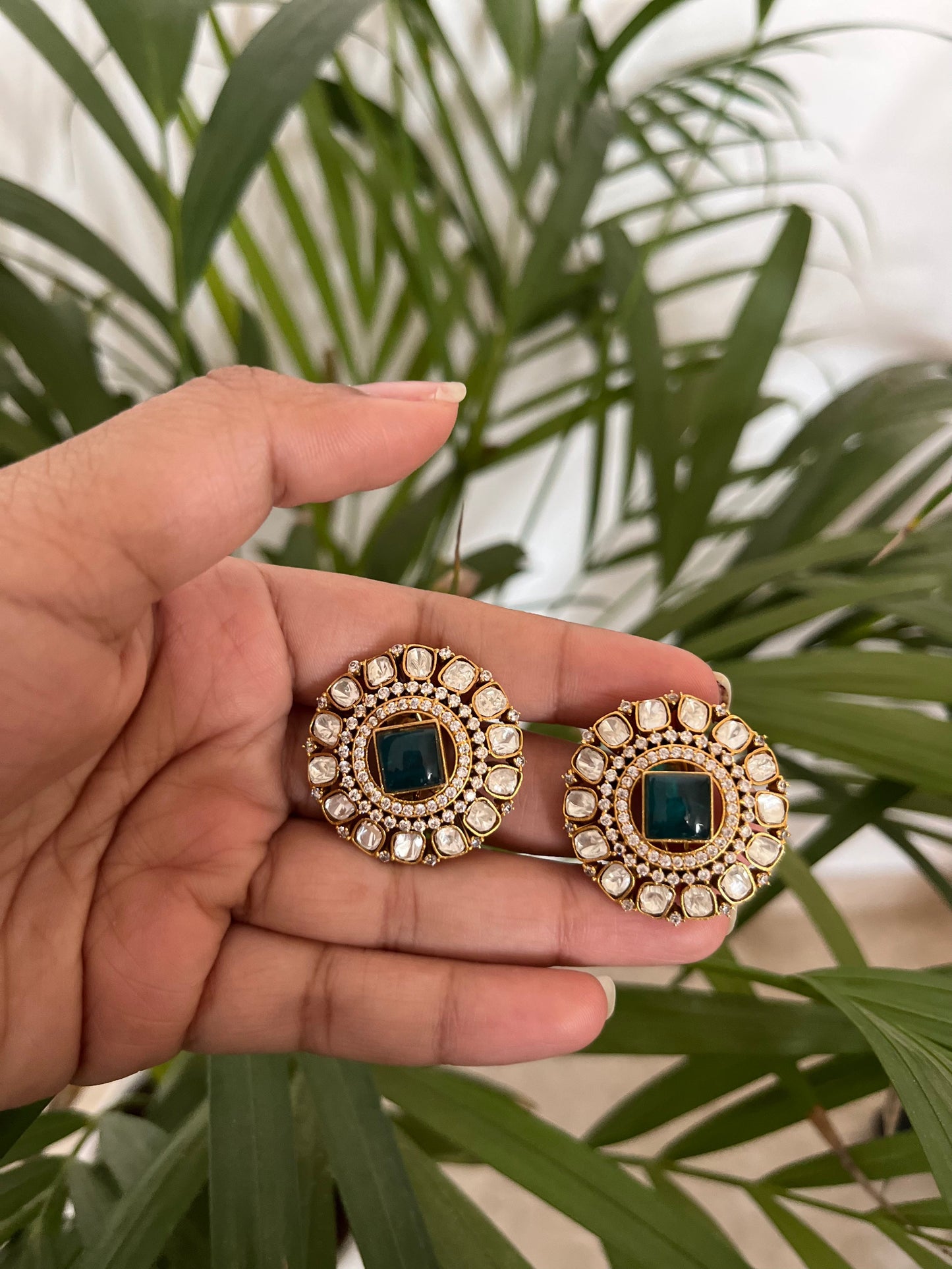 Emerald studs gold plated, set in silver & alloy