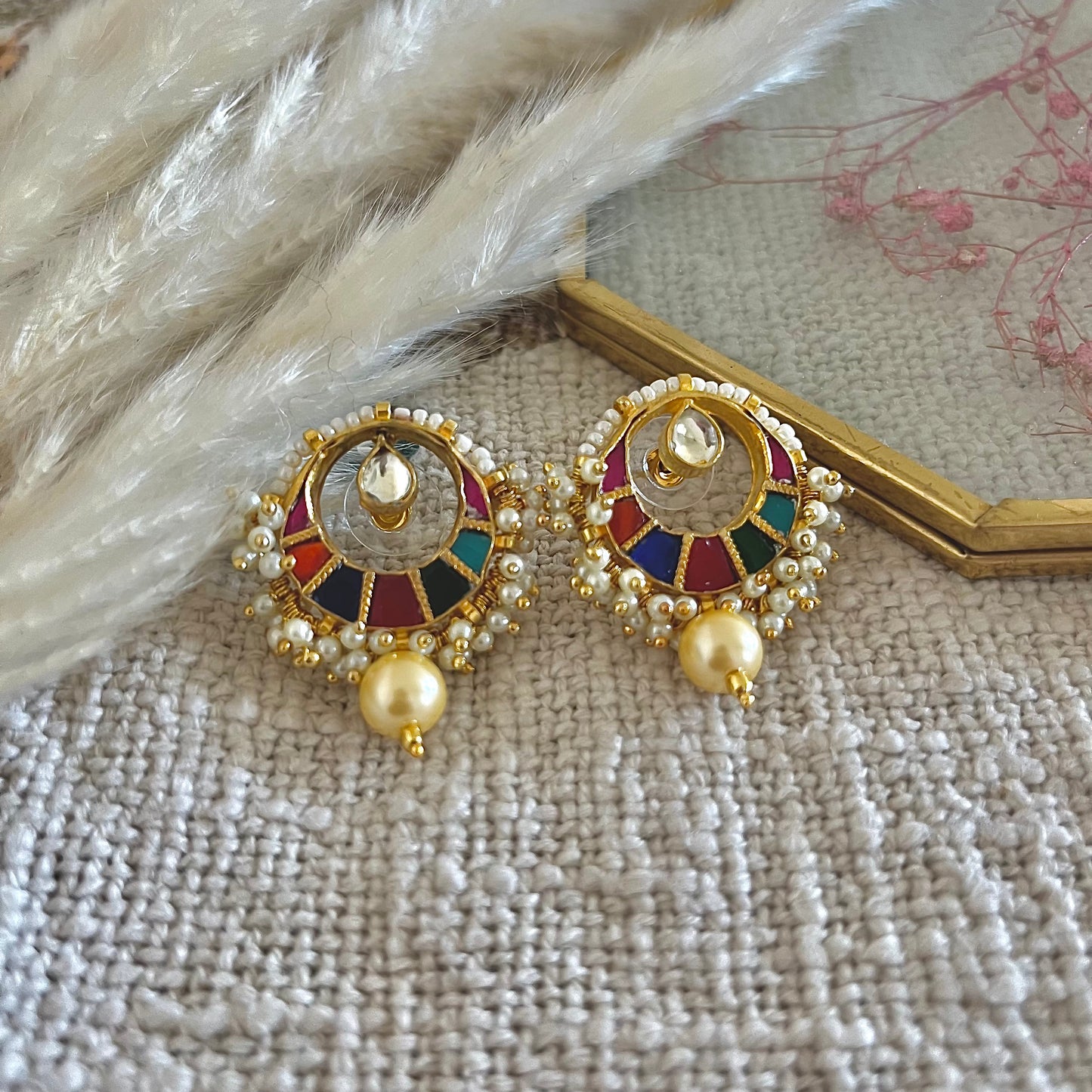 Multi-colour Pachi Kundan earrings with fresh water pearls