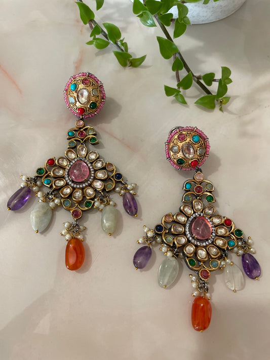 Multi-coloured Kundan earrings with semi precious stones