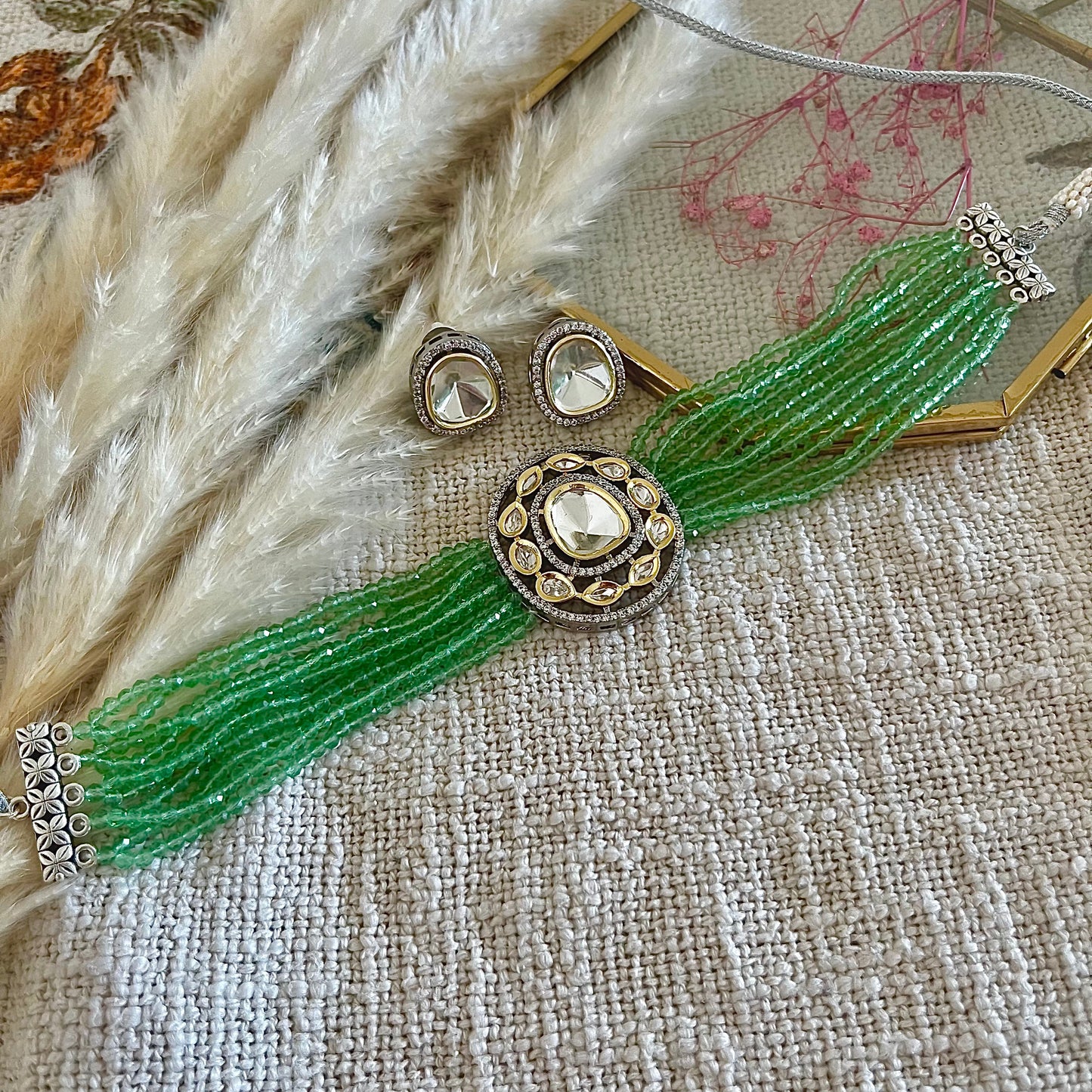 Green Beaded Tassel Necklace Set