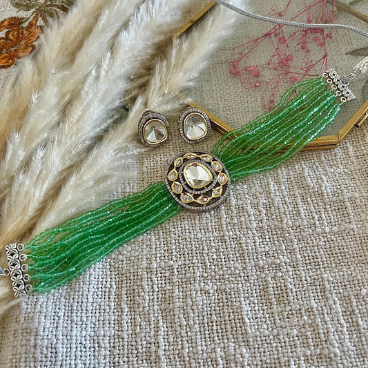 Green Beaded Tassel Necklace Set