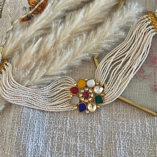 Pachi Kundan Navratan choker with pearl strings in silver and alloy
