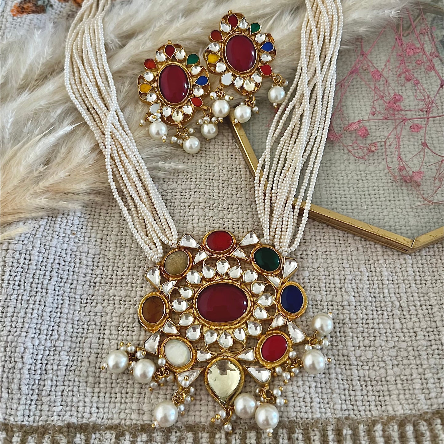 Pachi Kundan Navratan long necklace set with pearl strings in silver and alloy