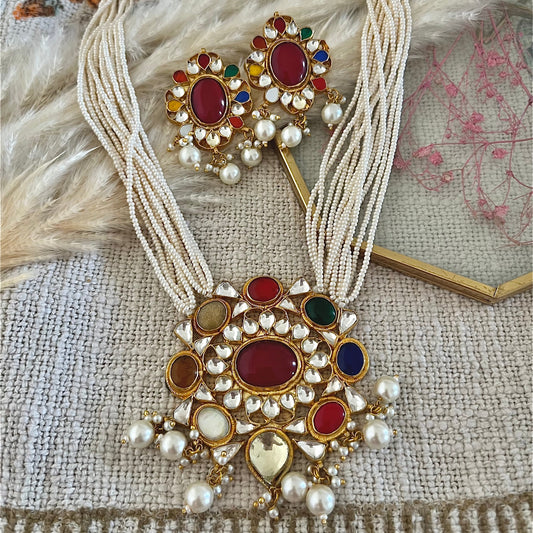 Pachi Kundan Navratan long necklace set with pearl strings in silver and alloy