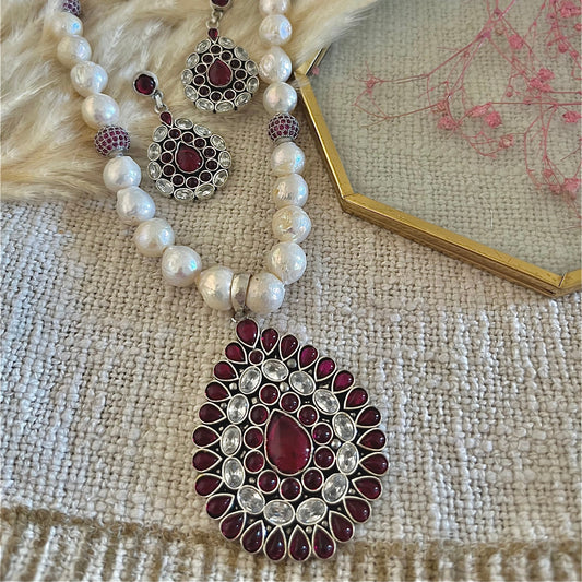 Pearl Necklace Set with Ruby & Kundan