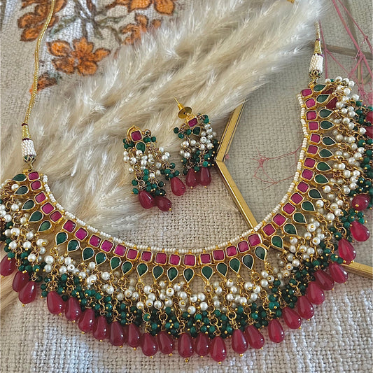 gold plated necklace set with semi precious stones
