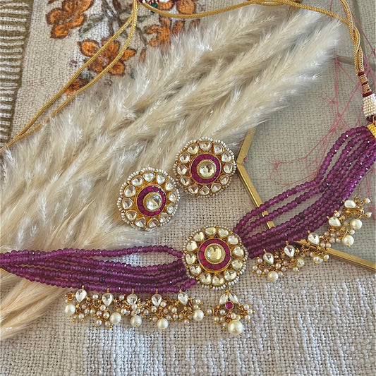 Floral Pachi Kundan choker necklace set with pearl in silver and alloy