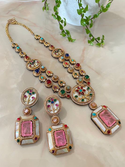 Long necklace set in multi-coloured stones