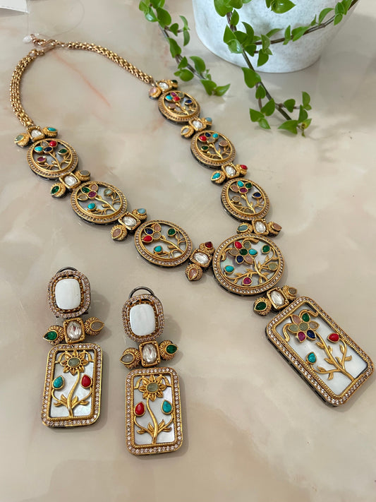 Floral inspired long necklace set in milti-coloured stones & mother of pearl