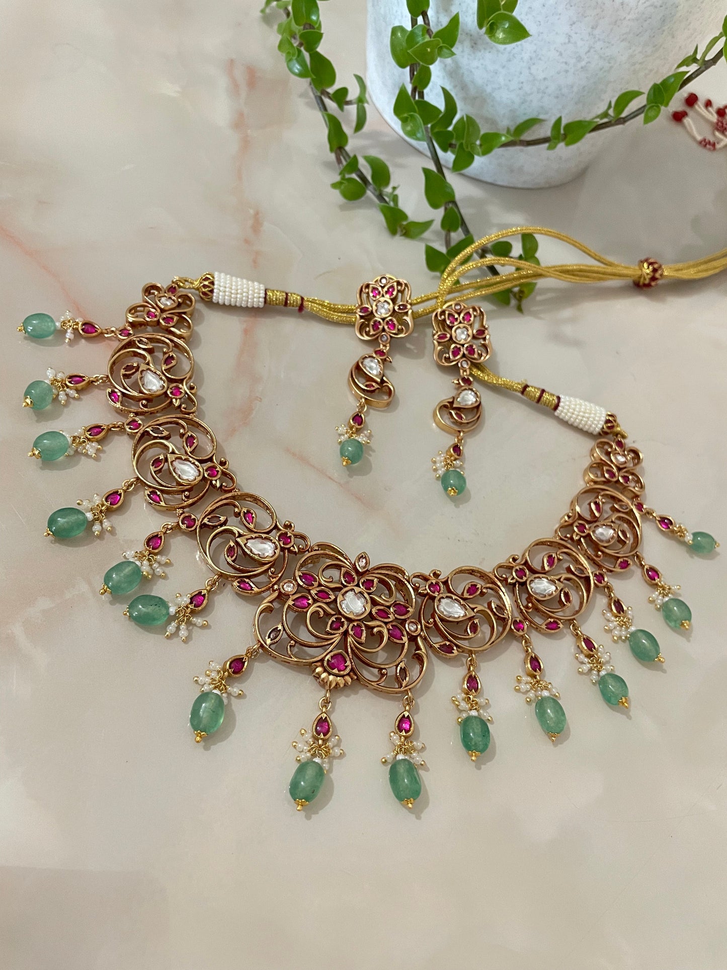 Floral inspired necklace set with jade drops