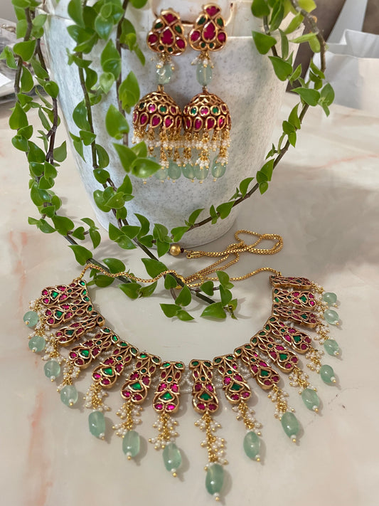 Traditional Necklace set with Fuschia gemstone with aqua jade beads