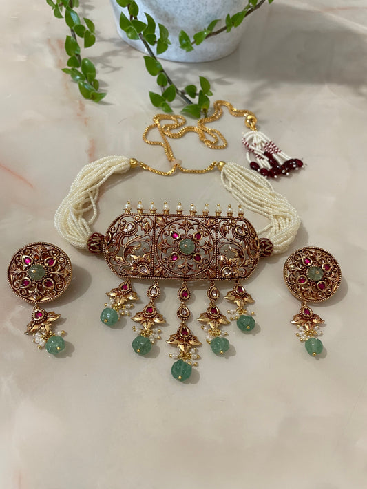 Choker set with ruby gemstones & jade drops
