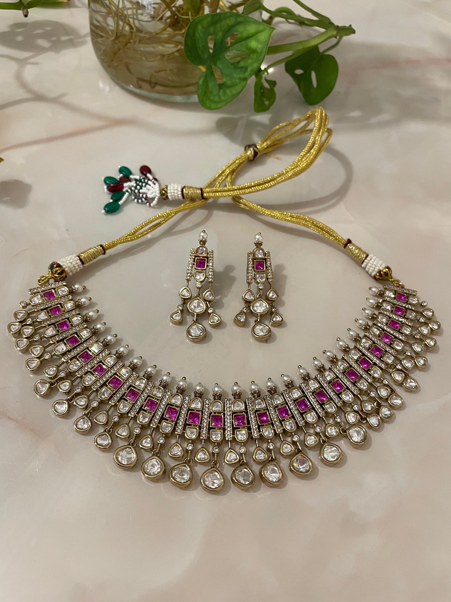 Fuchsia Pink Necklace set with Kundan & Pealrs
