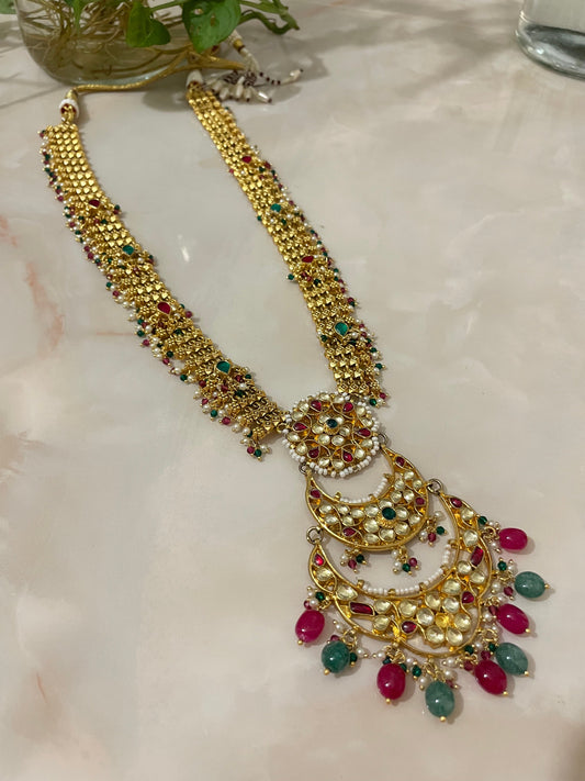 Long Gold-plated neckalce set with Kundan & Semi-precious stones